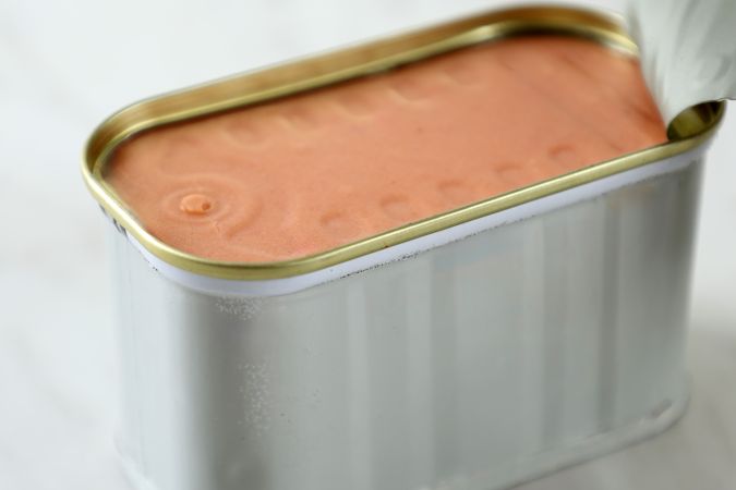 Close Up Luncheon Spam Ham Beef Corned on Tin Can