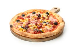 Wooden board with tasty pizza isolated on neutral background