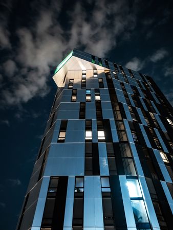 Night photos of illuminated new beautiful buildings of Strasbourg
