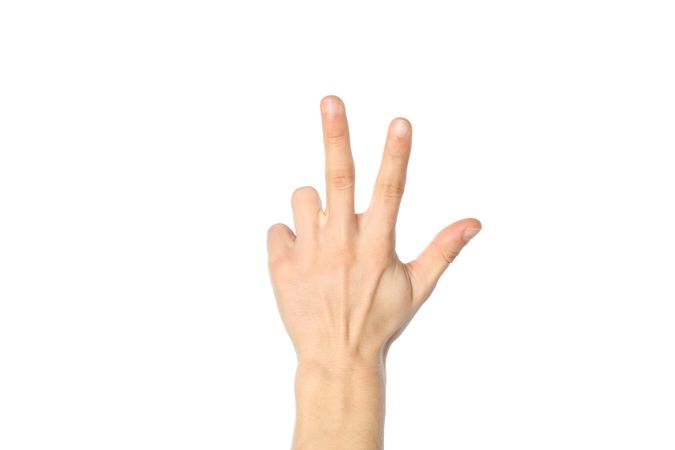 Male hand showing three fingers, isolated on blank background
