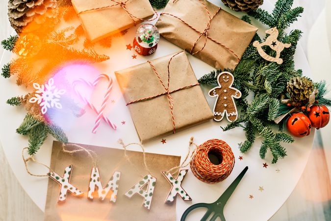 Composition of Christmas presents and decorations