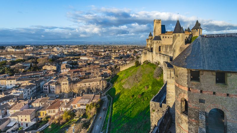 West facade of the fortified castle in Carcassonne. France. A city with a castle in the background