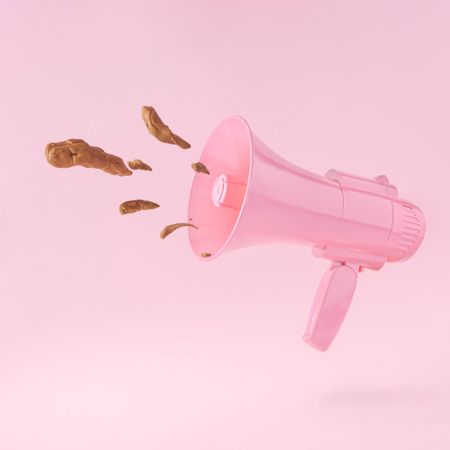 Pink megaphone with feces coming out of it against pastel pink background