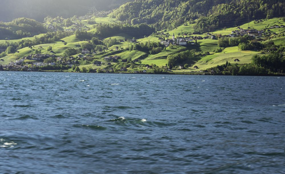 Lake scenery and green hills