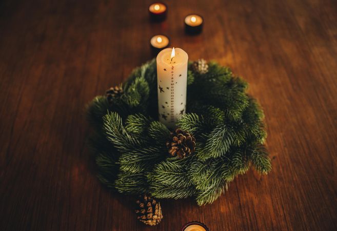Top view of Christmas holiday decorations on wooden table