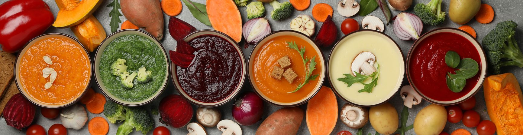 Wide banner of a row of multi-colored soups with vegetables