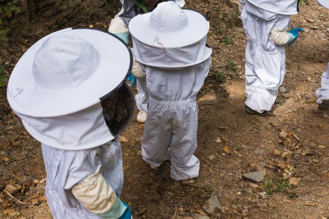 Faceless group of children in protective uniform in apiary