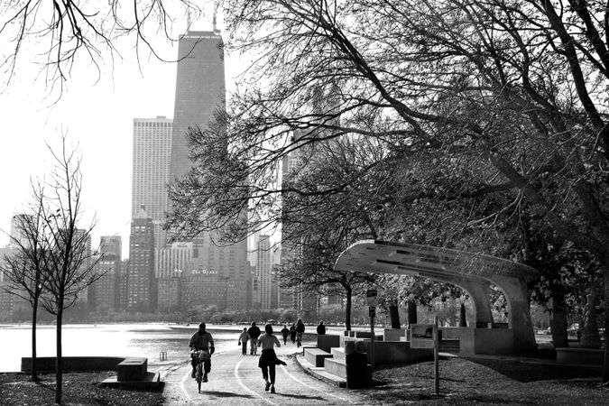 Grayscale photo of people walking in the park in Chicago, IL, US