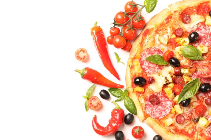 Delicious pizza and ingredients isolated on blank background. Flat lay