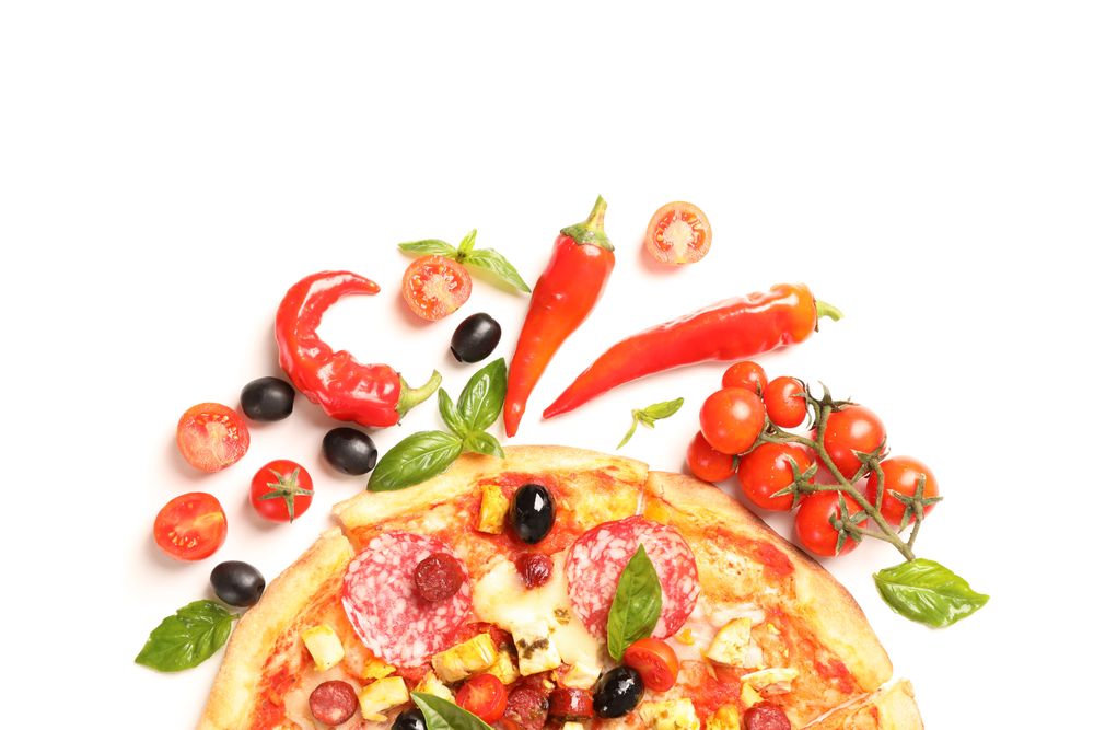 Delicious pizza and ingredients isolated on blank background. Flat lay