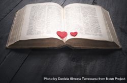 Two red hearts on an open book 0WMYO4
