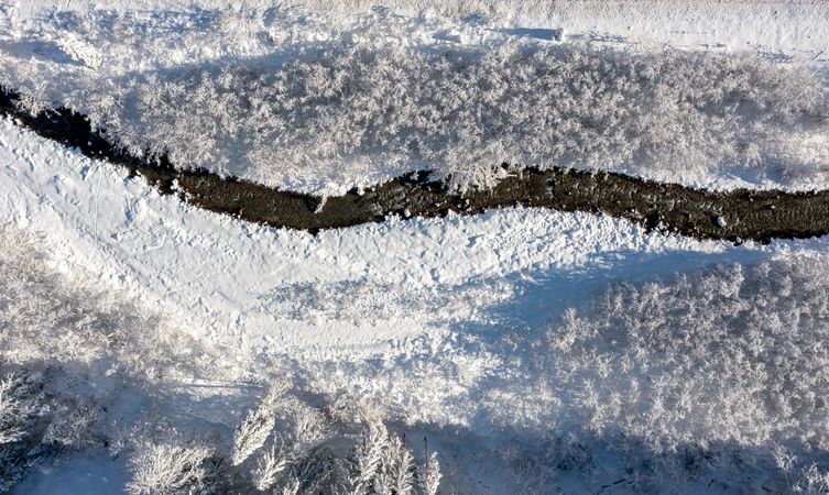 Mountain river flowing through snow-covered nature in the Bavarian Alps.