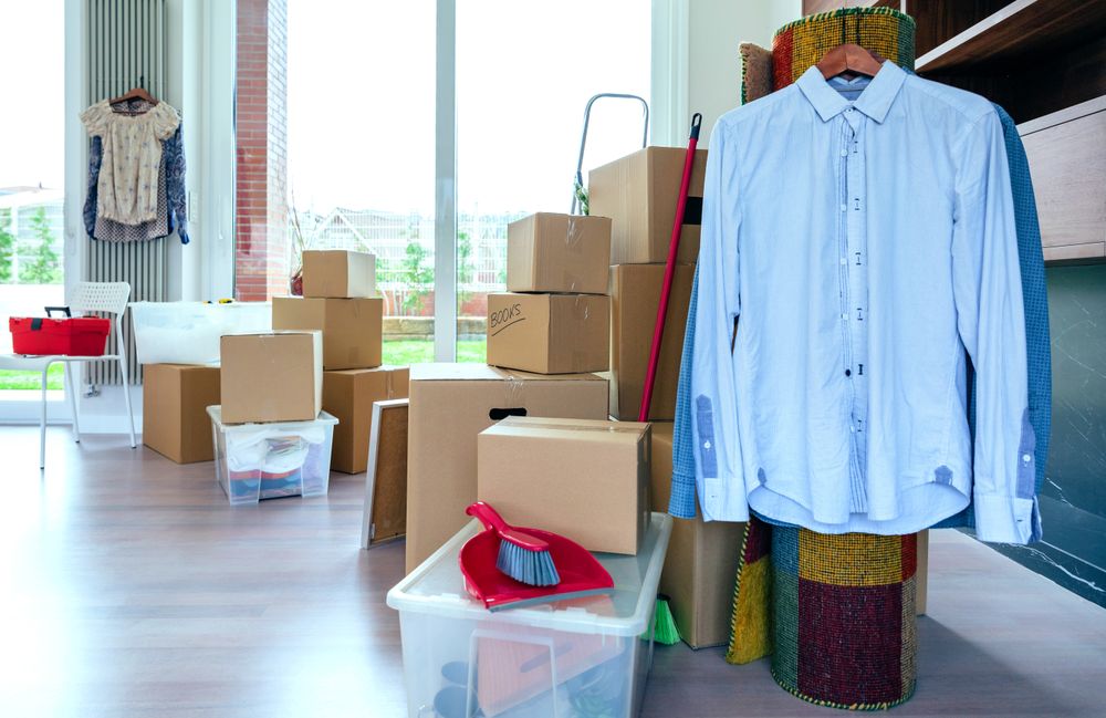 Living room with moving boxes