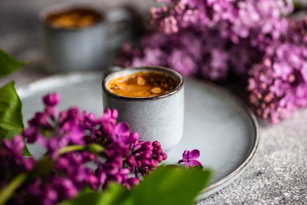 Board with cup of coffee & lilac flowers