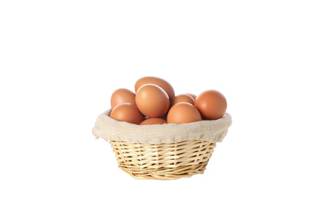eggs in a round basket, isolated on blank background.