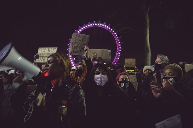 London, England, United Kingdom - March 16, 2021: Multi-ethnic group of female protesters