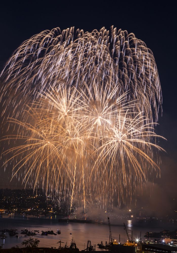 Golden fireworks over a lake