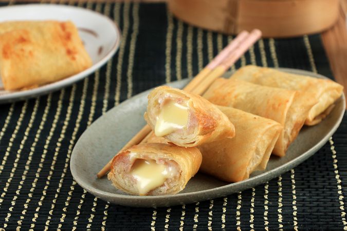 Close Up Dimsum Goreng Keju, Fried Dim Sum Filled with Melted Cheese