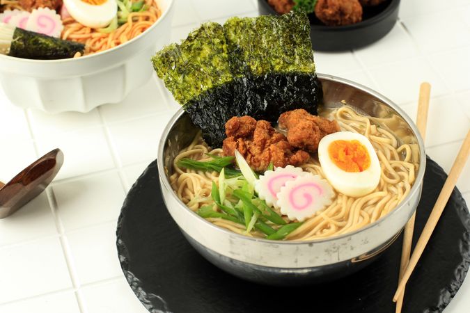 Bowl of Japanese ramen noodles with chicken and egg