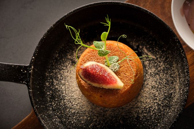 Appetizing cake served on frying pan