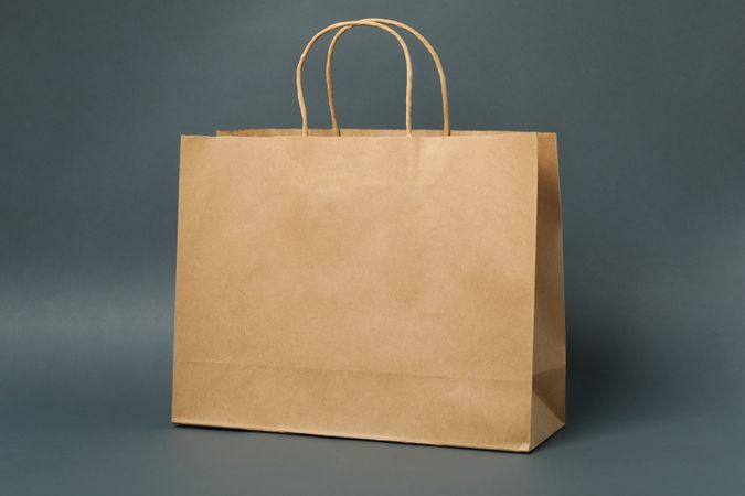 Empty paper bag on dark background, space for text