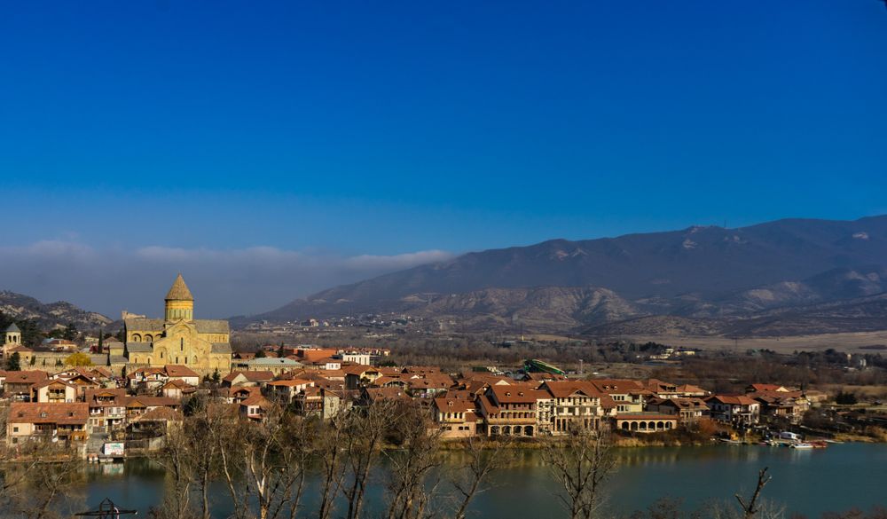 View of the ancient capital of Georgia, Mtskheta nestled in the mountains