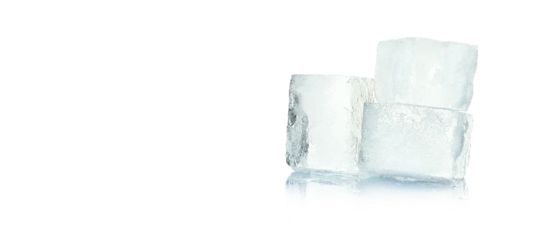 Banner of three clear ice cubes on blank background, copy space