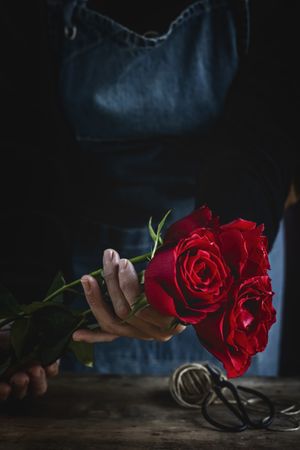 Unrecognizable woman making a bouquet of red roses