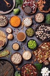 Healthy vegan grains and vegetables, top view