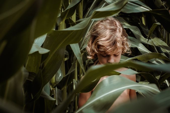 Sad boy hiding among green leaves