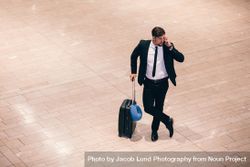 Business traveler making a phone call while waiting for his flight 5k28D0