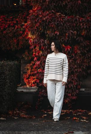 Fashion woman on a background of red and yellow autumn leaves