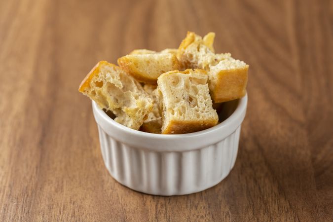 Delicious crunchy croutons on the table.