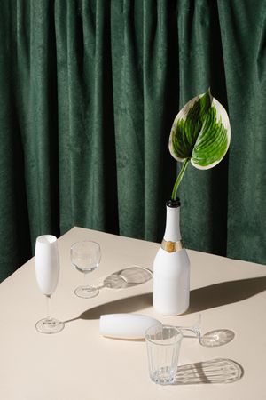 Champagne and glassware in front of green curtain background