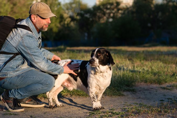 Man caressing basset hound lovingly in evening light.