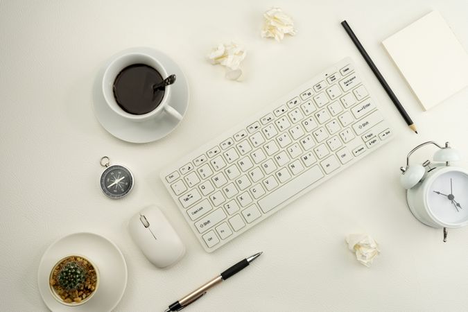 Business Workplace with Computer Peripherals and Stationery Items Flatlay