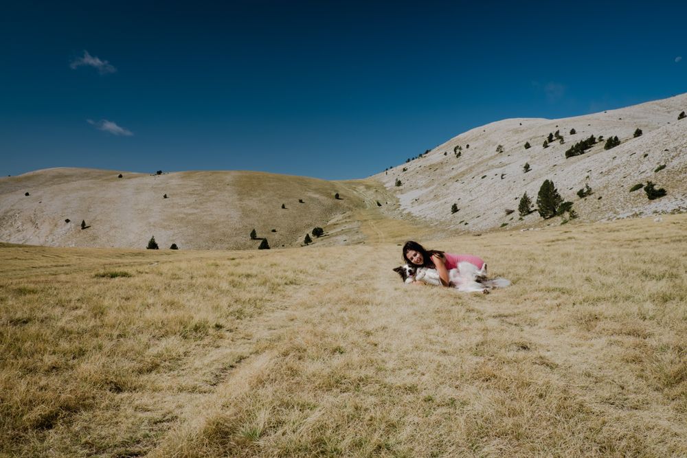 Woman playing with big dog on hill meadow
