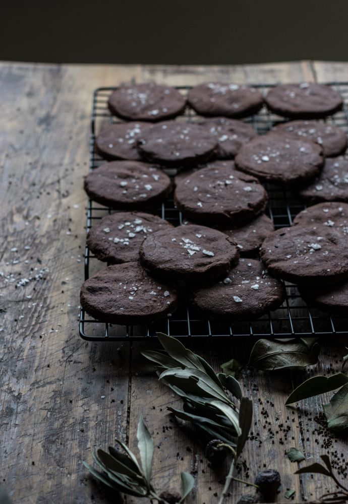 Dry olive branches near chocolate cookies
