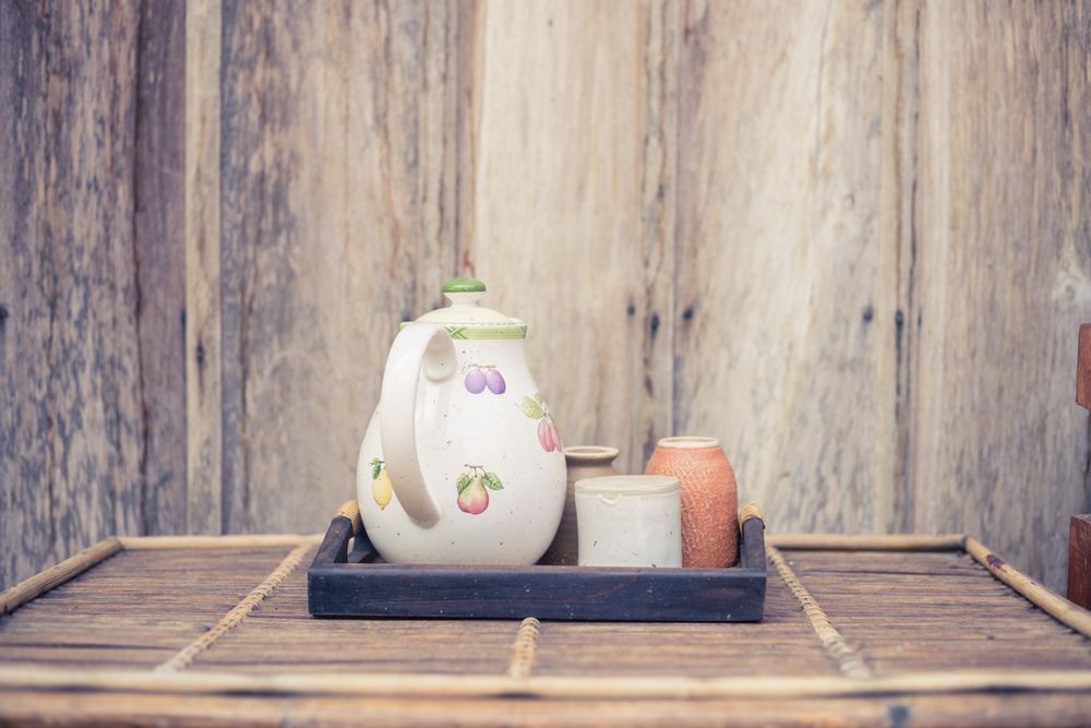 Old tea set on wood table