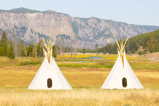 Montana, United States - August 17, 2022: Front of two teepees in park