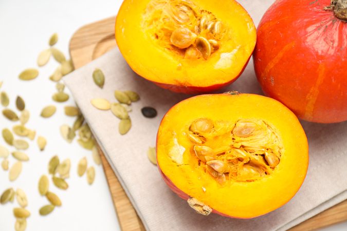 Cooking ingredients for fall season - pumpkin seeds, pumpkin