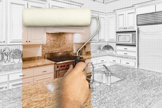 Before and After of Man Painting Roller to Reveal Custom Kitchen Photograph Under Pencil Sketch Drawing Plans.