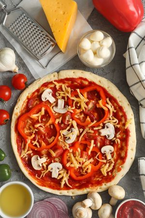 Concept for cooking pizza with ingredients on gray table