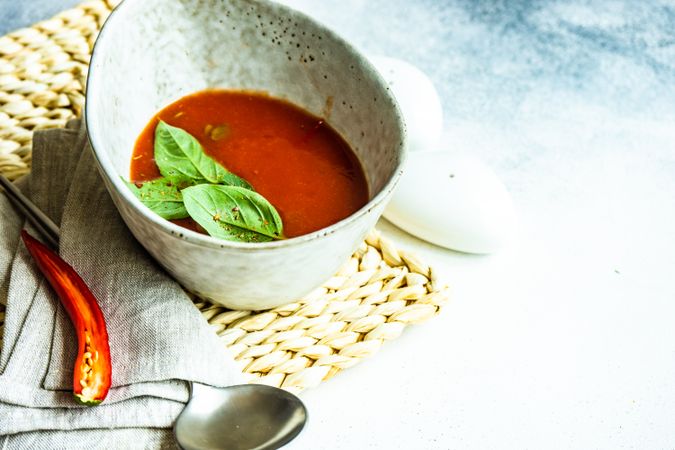 Traditional Spanish soup gazpacho in ceramic bowl