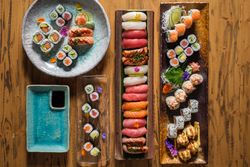 Assorted sushi with soy sauce