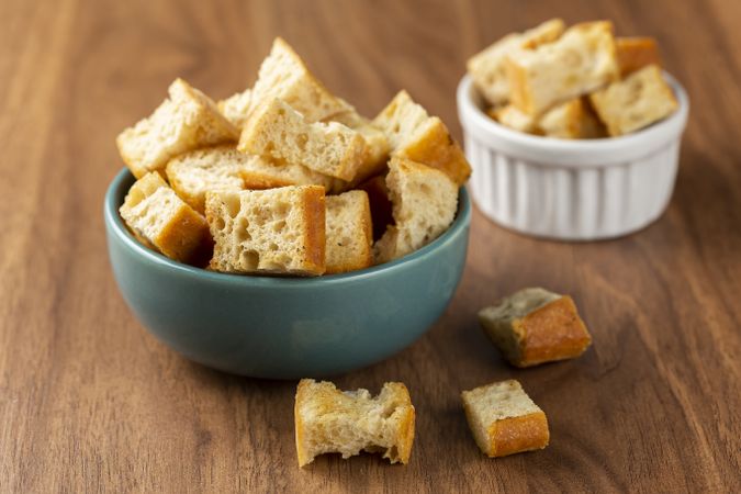 Delicious crunchy croutons on the table.
