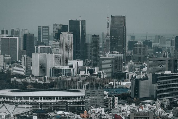 Tokyo's cityscape under dim sky in Japan
