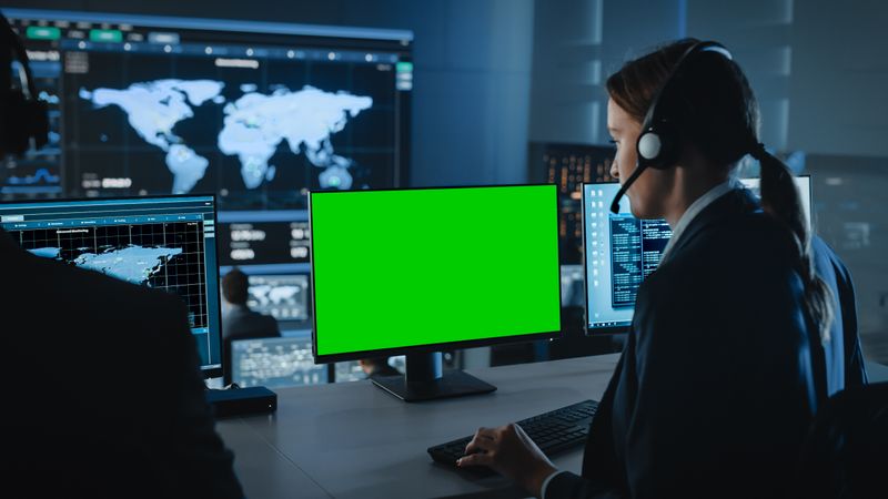 Analyst Monitors Global Data on Multiple Screens in Dimly Lit Control Room.