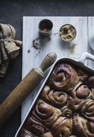 Baking dish with cinnamon rolls