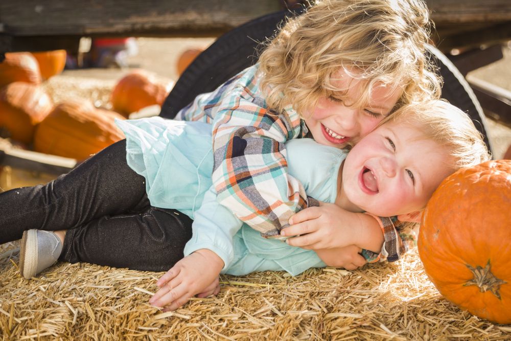 Happy Little Boy Playing with His Baby Sister at Pumpkin Patch